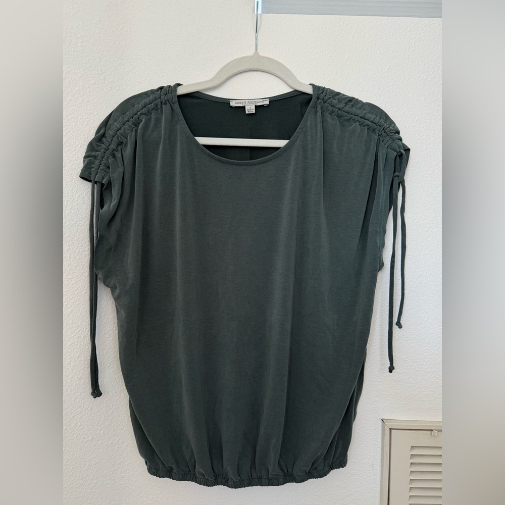 Dark Green Ruched Sleeve Blouse